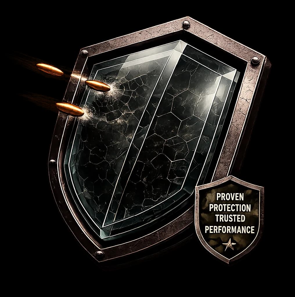 Pak-Core armored glass shield stopping bullets — proven protection, trusted performance